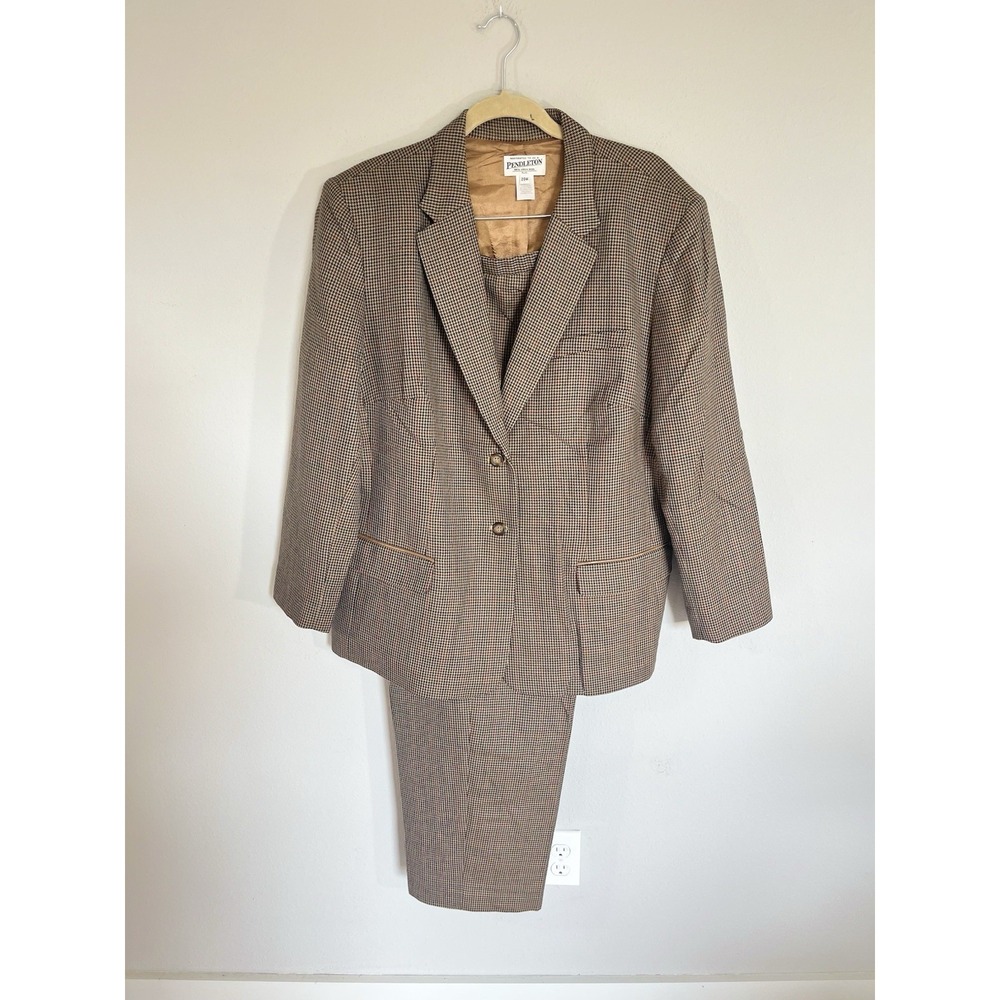 Pendleton Plus Size Pant Suit 20W Brown Houndstooth Wool Blazer Trousers Set VTG